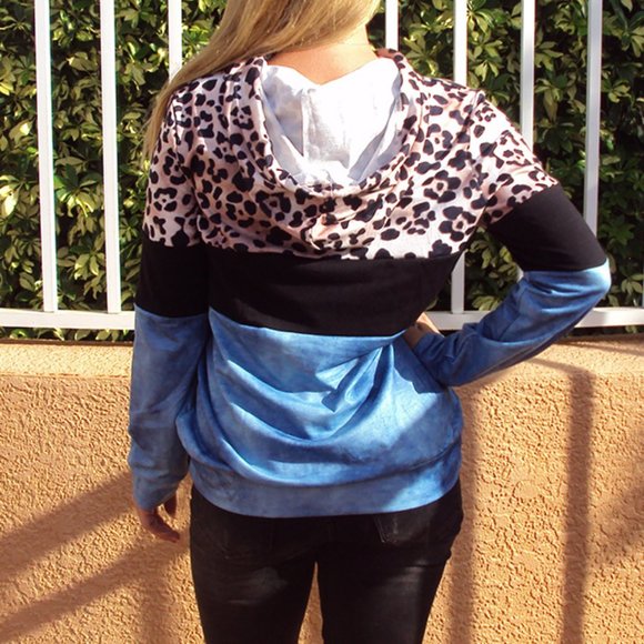 LEOPARD PRINT COLORBLOCK HOODIE - Blue - Picture 2 of 3